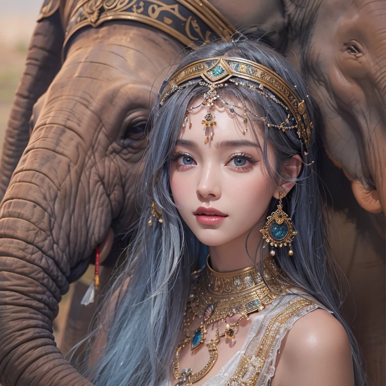 Hiding in the desert、Hair flow、 ((highest quality、masterpiece、8k、Best image quality、Ultra-high resolution、Award-winning works)、(Accurate anatomy:1.1)、(Look at me and smile:1.1)、Shining fair skin with Ultra-high resolution、The most detailed face、Ultra-high resolution detailed face、Ultra-high resolution hair、(Ultra-high resolutionのeyes :1.1)、Beautiful face drawn in every detail、(Blurred Background:1.1)、Ancient Islamic clothing, Chest to chest, tattoo, Old ruins in the background、Decorated elephant