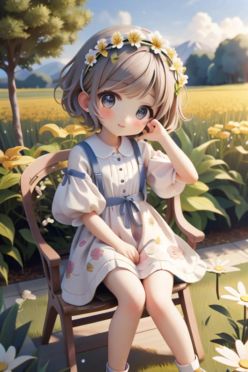 One girl、short hair、a flower field、Wearing a flower crown on her head、Has a single flower、Chairo