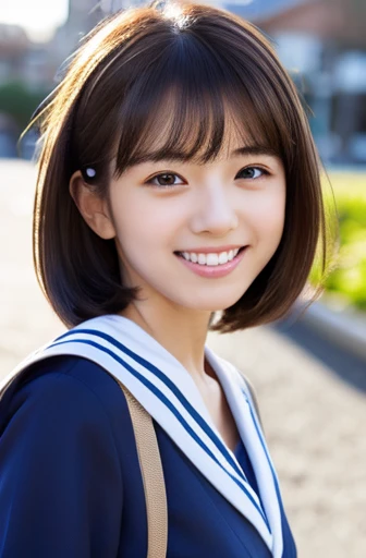 masterpiece, highest quality, High resolution, wallpaper, Realistic, Bright lighting, Professional Lighting, Face Light, Smooth lighting, Japanese Girls, ((Whole body 1.4)),Are standing, 15 years old,cute, smile, beautiful girl, gravure, sexy, so beautiful, Beautiful Skin, Beautiful and exquisite、Detailed face、slim、Moderate, short hair, (run and jump)、Schoolyard、Vigorously、smile、skip、Teenage Girls Japanese Realisticな 10 generations Background Blur、Sailor suit、blue sky