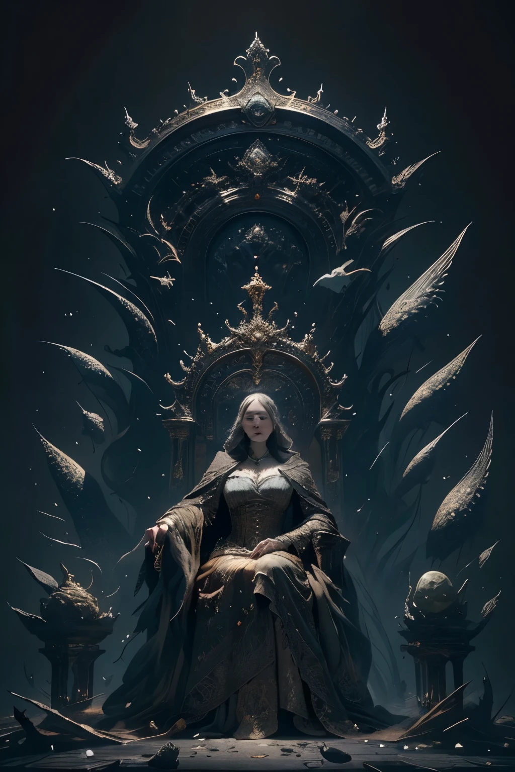 ((best quality)), ((masterpiece)), (detailed), an empty throne fit for a goddess, Bloodborne inspired, detailed and intricate steampunk and detailed gothic, Very dramatic and cinematic lighting, cosmic horror, grim dark

