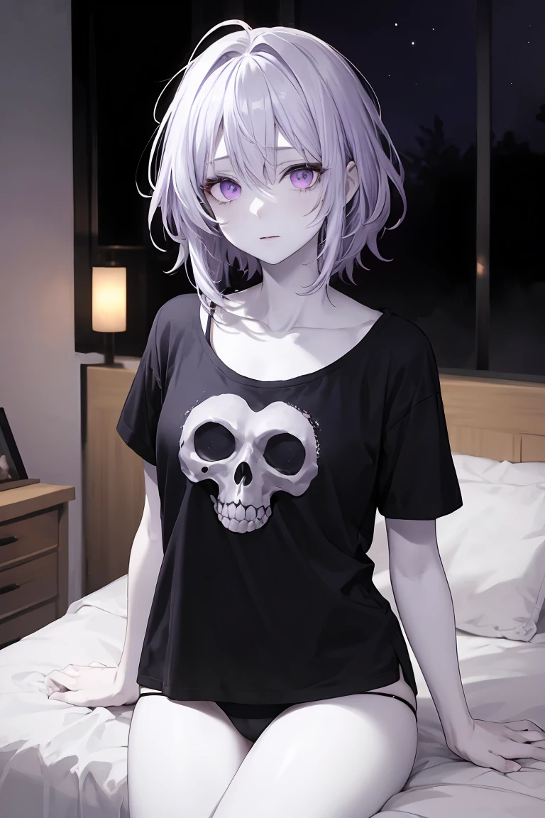 older woman, solemn, lavender hair, messy hair, violet eyes, completely white skin, no skin color, dark eye sockets, long black t-shirt, no pants, indigo panties, dark, dark bedroom, night, dim light, dark lighting