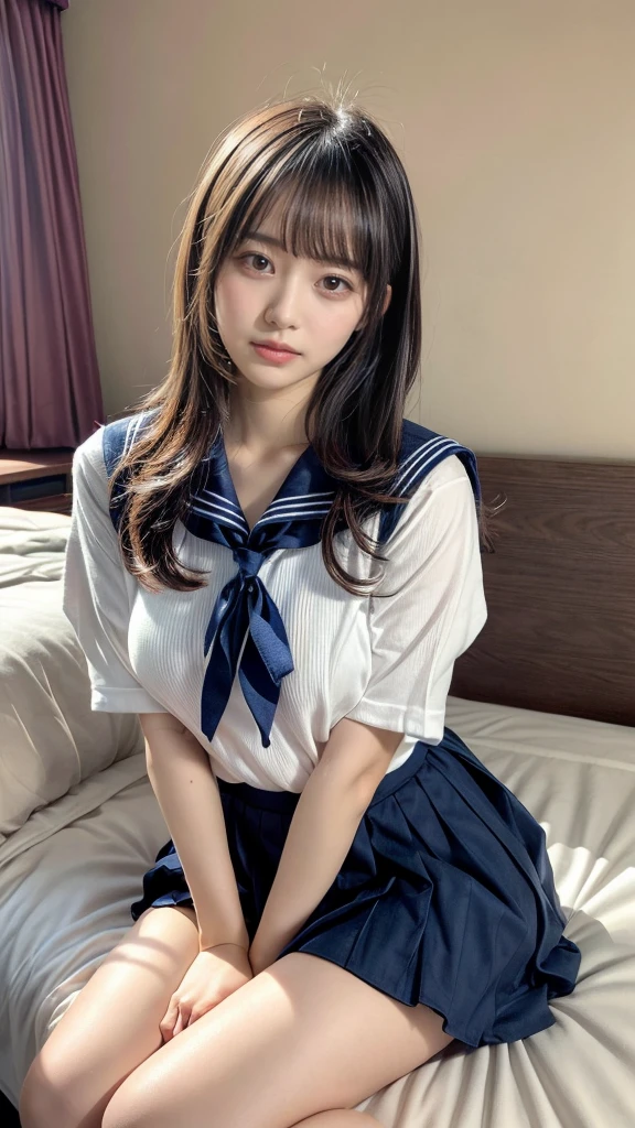 masterpiece, best quality, illustration, Super detailed, fine details, High resolution, 8K,wall paper, perfect dynamic composition,(Details High quality, realistic depiction of eyes:1.3), (Sailor Uniform, serafuku, Navy pleated skirt), large breasts,short bob hair, black hair color, Big Natural Color Lip, bold sexy pose, crying a little、cold gaze, Harajuku style、20 year old girl、cute type、lolita、beautiful legs, hotel room, hposing Gravure Idol, woman on top, straddling, sitting)
