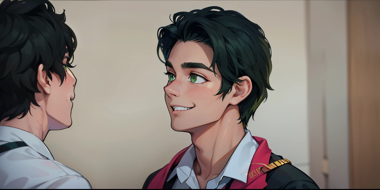 cute 18 year old boy, green eyes, mischievous smile, he is happy because he saw someone he likes, he has golden jewelry, golden bracelets, white shirt with gold color