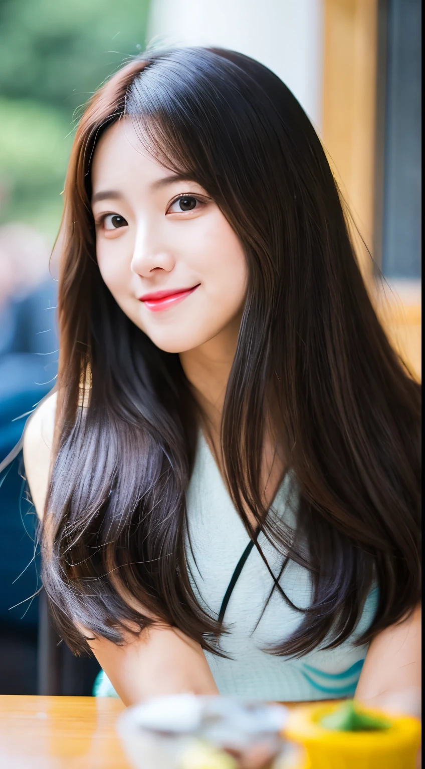 there is a woman with long hair sitting at a table, wan adorable korean face, shot on nikon z9, young adorable korean face, portrait of female korean idol, she has a cute expressive face, young cute wan asian face, captured on canon eos r 6, she has a cute face, shot on canon eos r5, shot on canon eos r 5