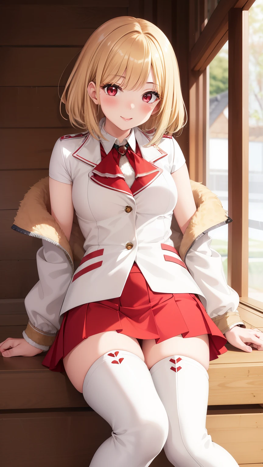 masterpiece, best quality, highres, kitagawa marin, 1girl, short fluffy blonde hair, swept bangs, gradient hair, red eyes, glossy lips, light smile, blush, white closed jacket, red miniskirt, thigh boots