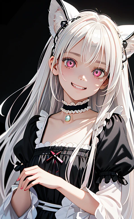 (Photorealistic:1.4)、asuna,(masterpiece、lens flare:1.5、spot light:1.2、Exquisite beautiful eyeonochrome:1.5,portlate、)(little devil),()
、Cute Face、 3D Face、(pearl white hair:1.5)、(two side up:1.3),(1 Girl)、(Red eyes:1.2)、(upper body)、(evil grin:1.3)、(head tilt) ,(Cute face:1.2),(flat chest),(),kind face,(white lace frilled gothic lolita),(black background:1.5)、(glowing eyes:1.3)、()、 Neat and clean、Adorable、Slim Body(Tareme:1.5),Shiny Hair、(Glowing pink Skin)、Nijisketch,Manga,zydG
