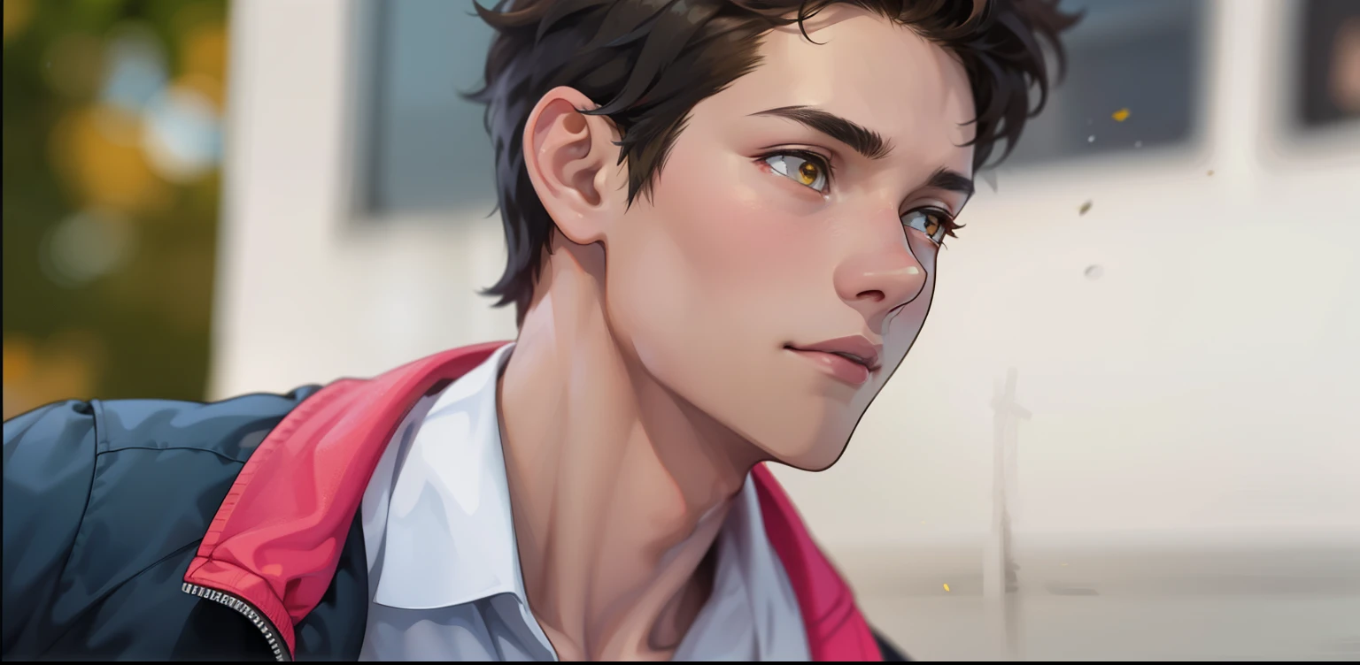 He is running away from someone. He is . Honey-colored eyes. Yellow jacket.