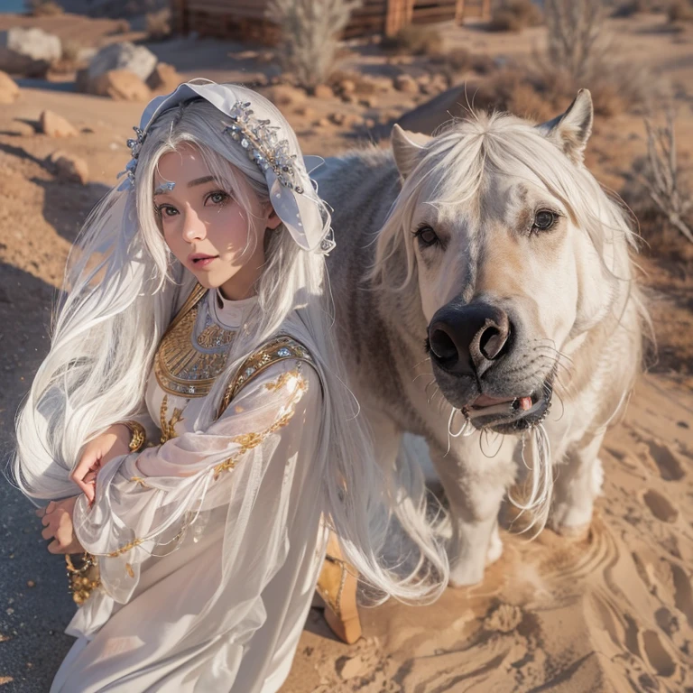 (highest quality、masterpiece、8k、Best image quality、Ultra-high resolution、Award-winning works)、A beautiful white-haired woman watches over us from afar in the desert., Where the moonlight shines.、Ancient Islamic clothing、Beautiful face drawn in every detail, There&#39;There&#39;s a real wolf next to her