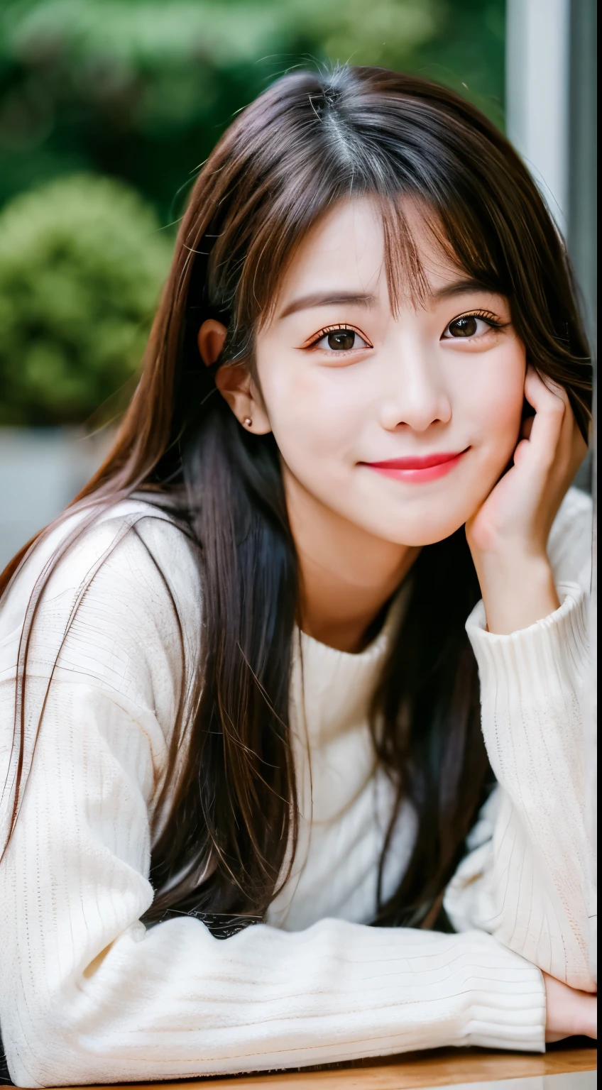 there is a woman with long hair sitting at a table, wan adorable korean face, shot on nikon z9, young adorable korean face, portrait of female korean idol, she has a cute expressive face, young cute wan asian face, captured on canon eos r 6, she has a cute face, shot on canon eos r5, shot on canon eos r 5