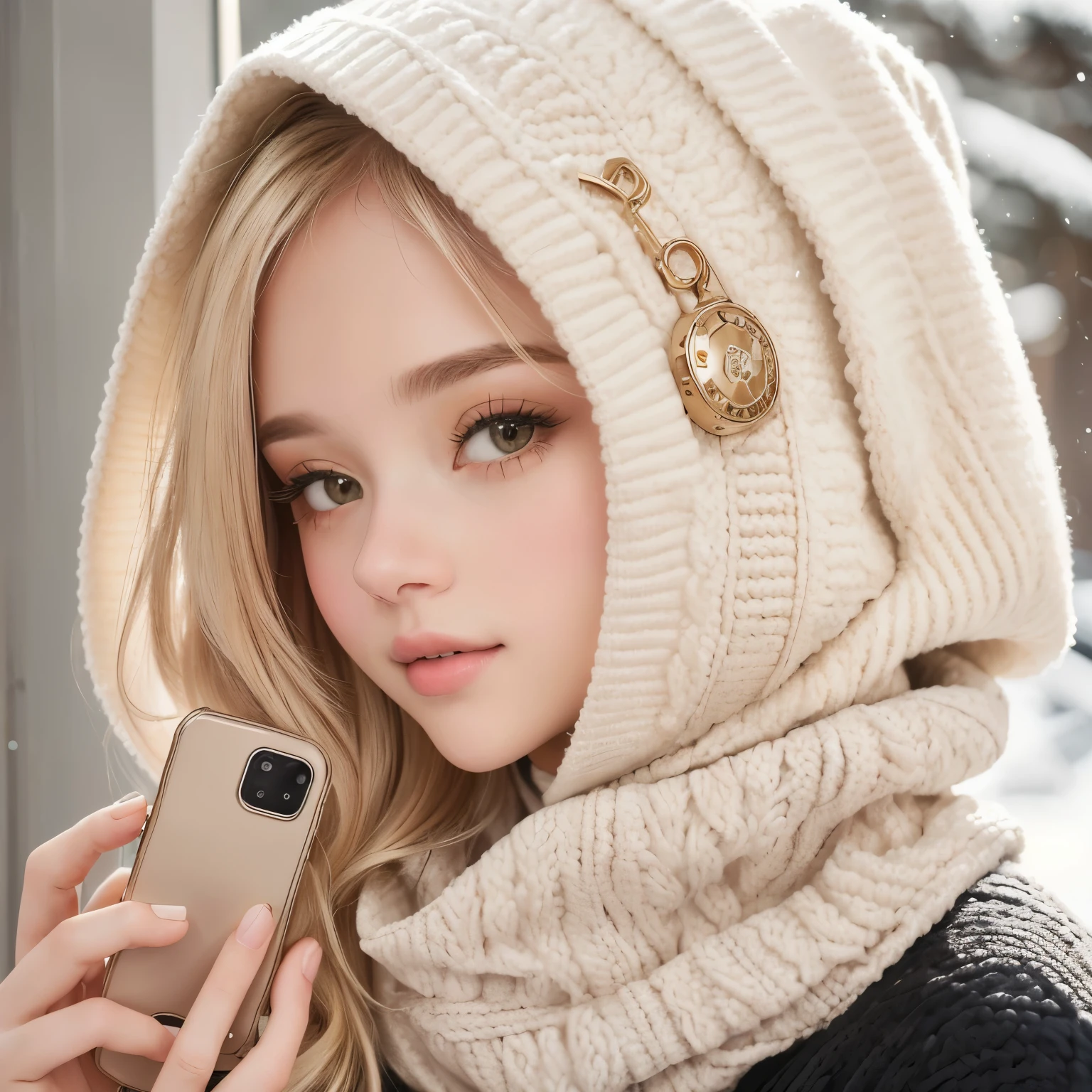 there is a wearing a capuchaie and holding a cell phone, beige, pretty girl, round capucha, cold as ice! 🧊, , muy lindo e , 2 0 2 0 moda, capucha, CHILDs, linda hermosa, capuchaed cowl, vistiendo un pescador 🧥, girl wearing capuchaie, katelynn mini lindo estilo, hermoso lindo