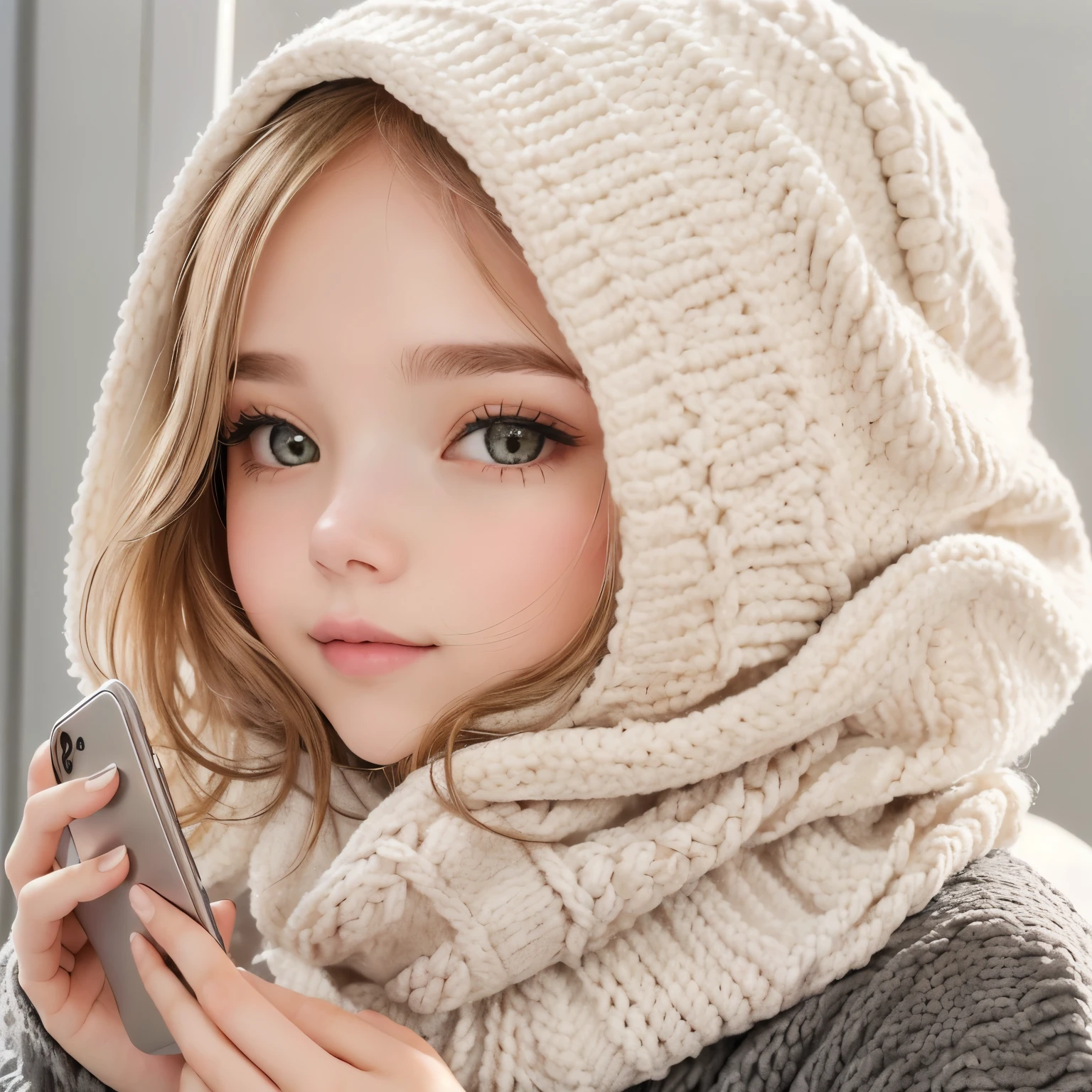 there is a wearing a capuchaie and holding a cell phone, beige, pretty girl, round capucha, cold as ice! 🧊, , muy lindo e , 2 0 2 0 moda, capucha, CHILDs, linda hermosa, capuchaed cowl, vistiendo un pescador 🧥, girl wearing capuchaie, katelynn mini lindo estilo, hermoso lindo