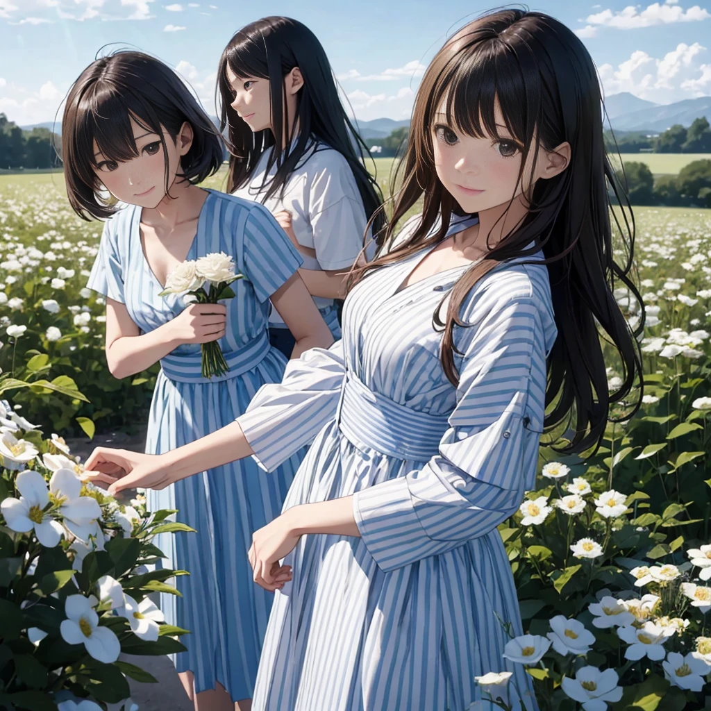 The subject appears far away、Shiraishi Mei, Looks exactly like Shiraishi Mei, A kind smile, Bob Hair, Two people、Dark brown hair, (((2 girls))), 18-year-old, photograph, Realistic, highest quality, Detailed face, Strong sunlight, Diffused sunlight, Written boundary depth, Bokeh (highest quality: 1.5), (masterpiece: 1.2), Watch Viewer, one piece, White Theme, Thin Blue Stripes,very A broad perspective、There is a flower field in the background.、I'm in a flower garden,(((Panorama:1.2))),(Bokeh),Long Shot,A broad perspective