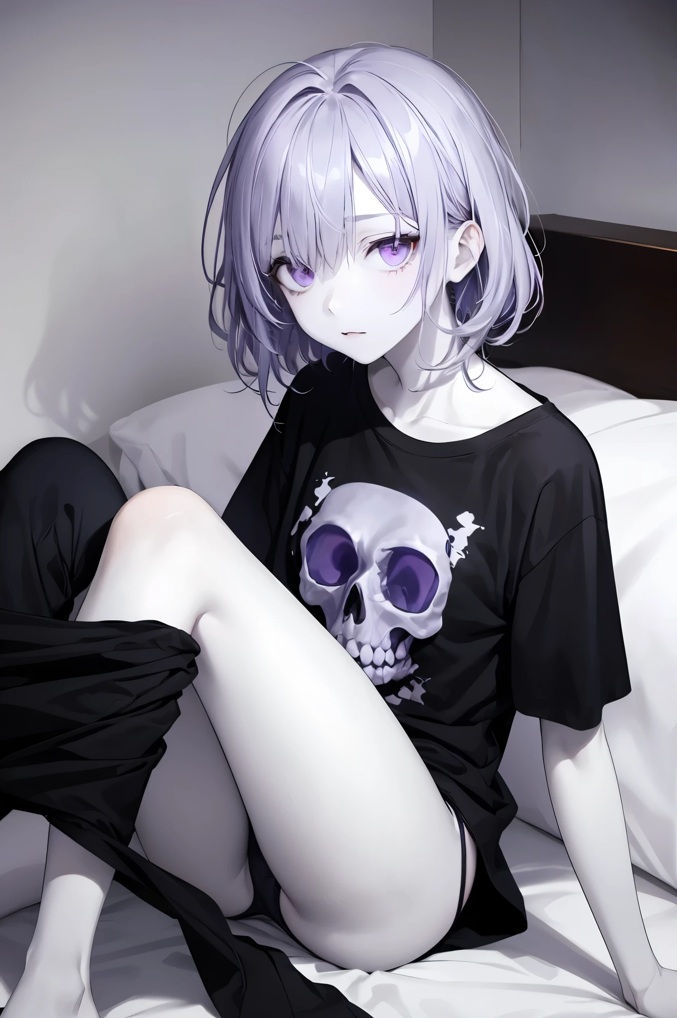 older woman, solemn, lavender hair, messy hair, violet eyes, completely white skin, no skin color, dark eye sockets, long black t-shirt, no pants, indigo panties, dark, dark bedroom, night, dim light, dark lighting
