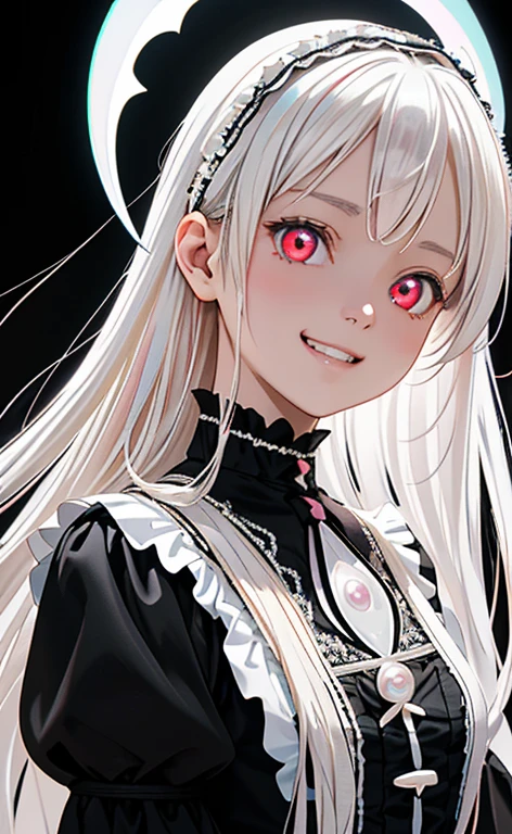 (Photorealistic:1.4)、asuna,(masterpiece、lens flare:1.5、spot light:1.2、Exquisite beautiful eyeonochrome:1.5,portlate、)(little devil),()
、Cute Face、 3D Face、(pearl white hair:1.5)、(two side up:1.3),(1 Girl)、(Red eyes:1.2)、(upper body)、(evil grin:1.3)、(head tilt) ,(Cute face:1.2),(flat chest),(),kind face,(white lace frilled gothic ta),(black background:1.5)、(glowing eyes:1.3)、()、 Neat and clean、Adorable、Slim Body(Tareme:1.5),Shiny Hair、(Glowing pink Skin)、Nijisketch,Manga,zydG
