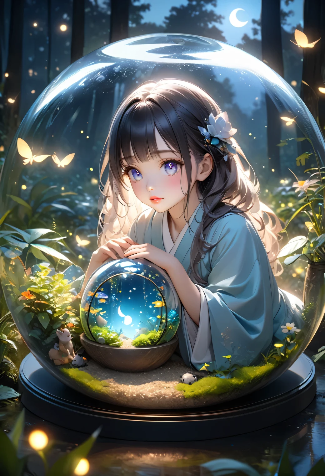 masterpiece:1.2, highres, highest quality, beautiful detailed, ultra-realistic, photorealistic:1.37, (double exposure cute girl in the spherical terrarium:1.5), (layered cute girl holding cute girl in the spherical terrarium):1.2, crescent moon, meadow lake scenery with fireflies flying around, kimono, squatted down, beautiful delicate(hair, eyes, pupils, lips, firefly)