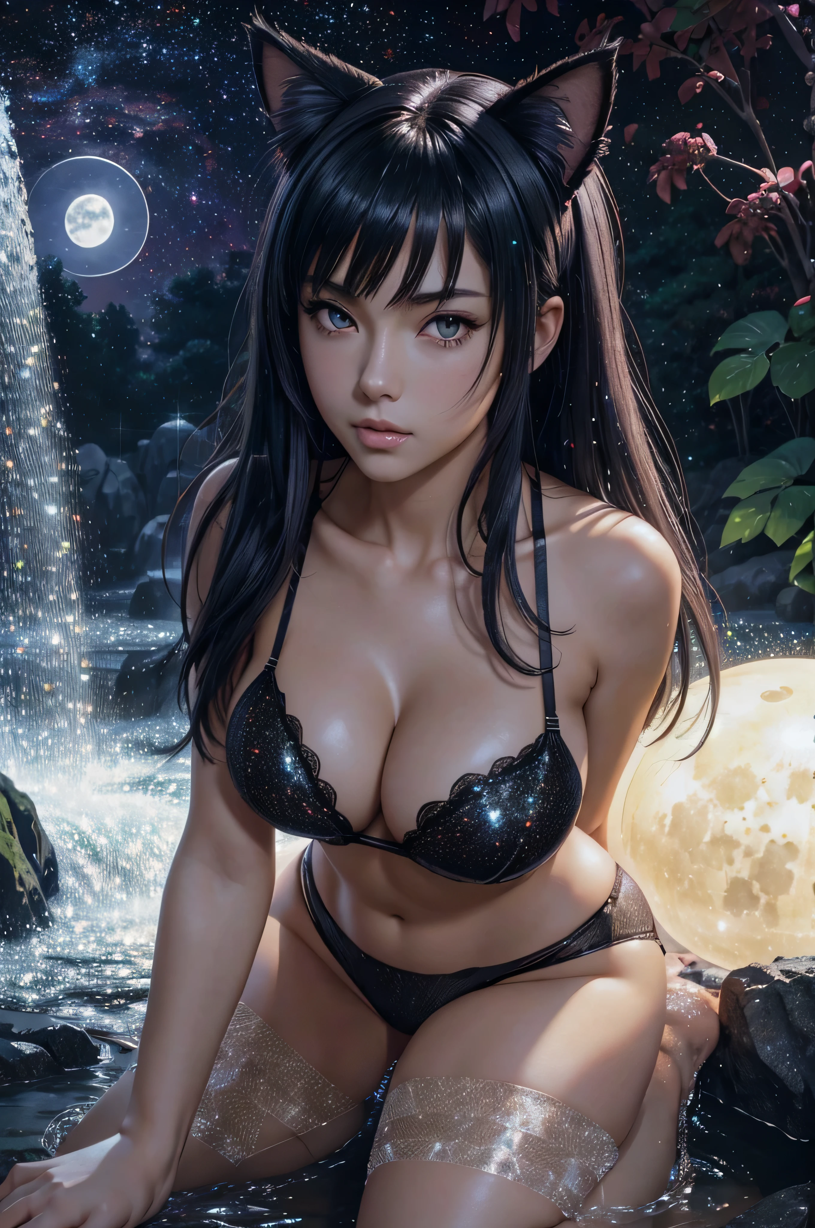 anime girl with cat ears and red lingerie posing for a picture, seductive anime girl, hyperrealistic , beautiful alluring anime woman, 3d anime girl, attractive anime girl, seductive. highly detailed, anime highly detailed, , beautiful alluring anime teen, anime girl, a hyperrealistic , photorealistic anime girl render, yuri, cleavage, Mesmerizing eye contact, wooden floor, realistic, black hair, Watercolor touches, glitter lingersuit, amber eyes, big_natural_breasts, sagging_breasts, medium_breasts, Busty Milf, kneeling_forward, large_breasts, nsfw, luminescent lingersuit paint, night sky, full moon, hand on own head, waterfall, bioluminescent violet hair, niples