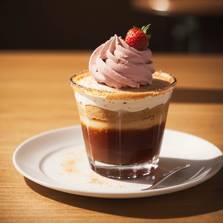 there are two desserts in glasses on a table with a cup of coffee, delicious, Professional cooking photos, Vibrant and dynamic, High-quality food photography, Close-up food photography, dessert, Stylish food photography, Excellent detail, Shot with Sony A7III, Etienne Delesser, healthy, Exquisitely crafted down to the last detail, Strawberry ice cream