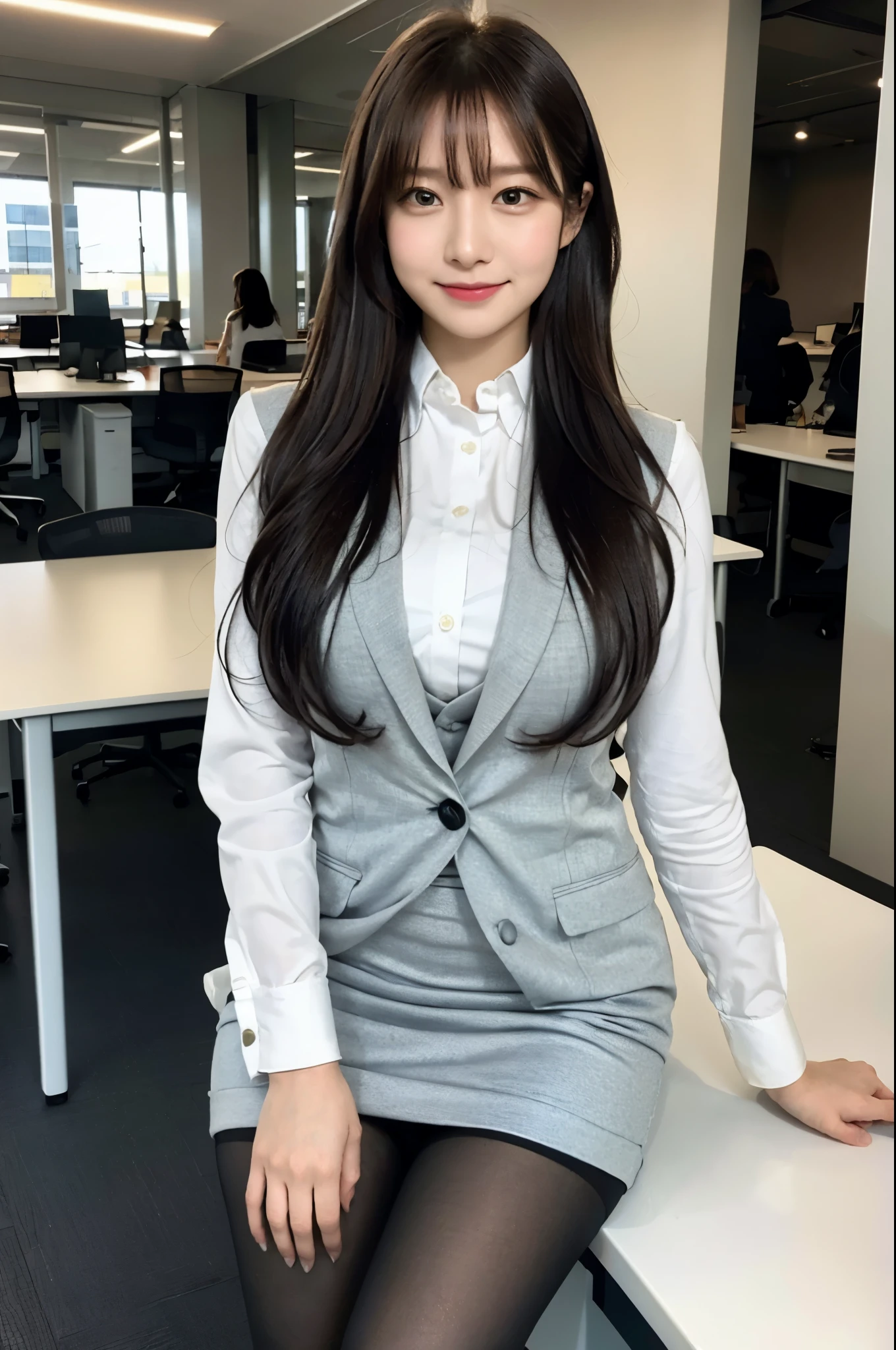 (((masterpiece))), (((highest quality: 1.4))), ((Super detailed: 1.4)) , 白いsuitを着たエレガントな女性, (Beautiful legs、Thighs Thighs Thighs Thighs、Black Pantyhose)、sitting at a desk in an office、厳格な白いsuitを着用, 高級suit, suitを着た女の子, suitを着た女の子, 厳格なsuitを着て, Elegant skirt, Ekaterina, suitを着て, suit,　suitを着用する, smile、Meeting Preparation、to be born,Octane Rendering、Complex 3D rendering with ultra-detail, Studio Soft Light, Rim Light, Crisp details, Super detailed, Realistic skin texture, detailed aspects, Beautiful details in the eyes, Highly detailed CG Unity 16k wallpaper, Compensate, (Detailed Background:1.2),Glowing Skin、Exposed thighs!!!