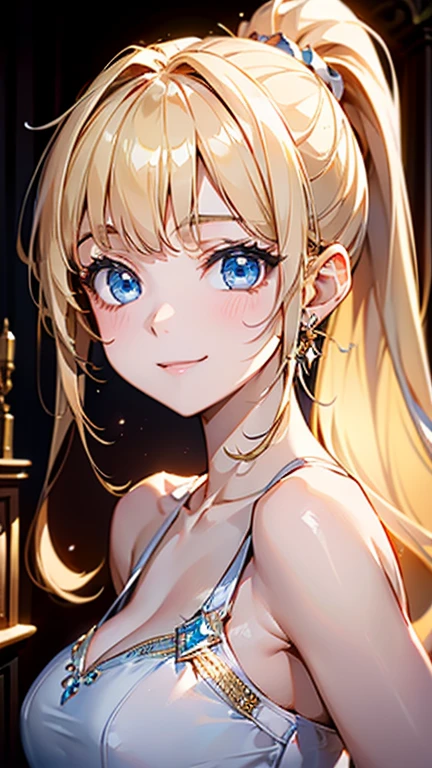 High quality, Best quality , masterpiece, Portrait、、Bright expression、ponytail、Young, shiny, white, glossy skin、Gloss Face、Shining Cheek Gloss、Small Face Beauty、The best beauty、The dazzling light of blonde hair、Bright blonde hair with dazzling highlights、Very beautiful shiny light blonde hair、super long silky straight hair、Her shiny, beautiful bangs are covering her eyes.、Sparkling, clear, attractive, bright, large, pale blue eyes、Very big eyes、eyeliner、very beautiful lovely cute 16 year old girl、young girl, Ample Bust, upper body , (smile:1.2) , (((gorgeous dress :1.2, v-neck? ponytail )))),in castle ,huge breast , smile