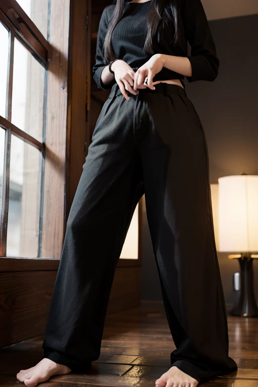 Japanese Girl sees the ghost and pees her black palazzo pants until her pants are wet in fright.