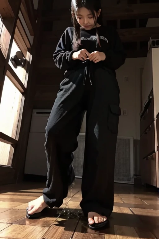 Japanese Girl sees the ghost and pees her black palazzo pants until her pants are wet in fright.