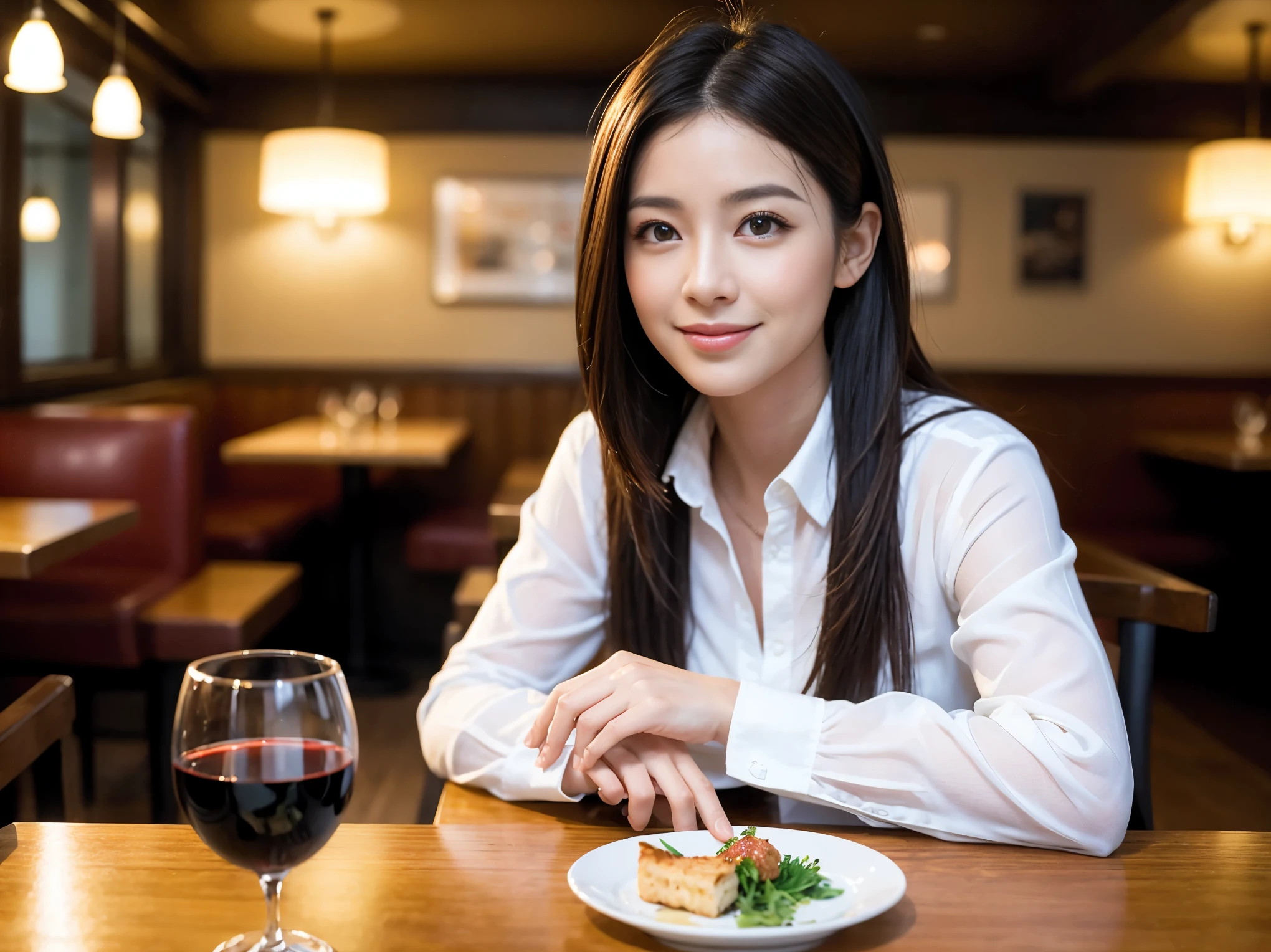 ((highest quality、8k、masterpiece:1.3))、1 male、1 woman who looks like Satomi Ishihara、Couple、Spouse、Couple、The body is slim、((Bob Hale、Straight hair:1.2)), (Realistic, Intricate details:1.2), Wine glass on the table、Shine light on your face、 Amazing view of the sunset sky and clouds、Amazing mountain views、A bright smile、The wonderfulness of smile、Bright image、The beauty of wine, Beautiful Face, blue eyes, The light shines on your face, Blushing, short hair,Bright Face、 (Age 37), 39 years old, red wine 、Appetizers、Italian food、Wine bottle、Champagne、sparkling wine、Two beauties、Brown Hair、Shortcuts、Long sleeve shirt、dress、Pretty Woman 1, (Slim face), (The body is slim), (Brown Hair), (Shortcuts), cheeks turn a little red,Attractive beauty、restaurant, In a prominent place (From the waist up) Nova Frog Style, actress, model, Upper Body, White wine, slim, wine glass, A wine glass placed in the center, smile, (smile: 1.15), Beautiful fine grain, Depth f/2,saturation, High Contrast, Strong light and shadow,Moist Body:1.5、3D texture、Delicate eyes、Brown Hair、The hair is very shiny、