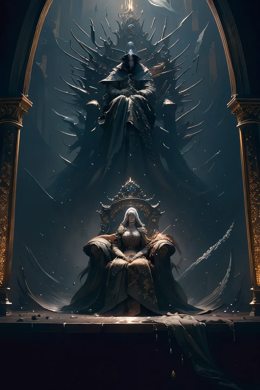 ((best quality)), ((masterpiece)), (detailed), an empty throne fit for a goddess, Bloodborne inspired, detailed and intricate steampunk and detailed gothic, Very dramatic and cinematic lighting, cosmic horror, grim dark

