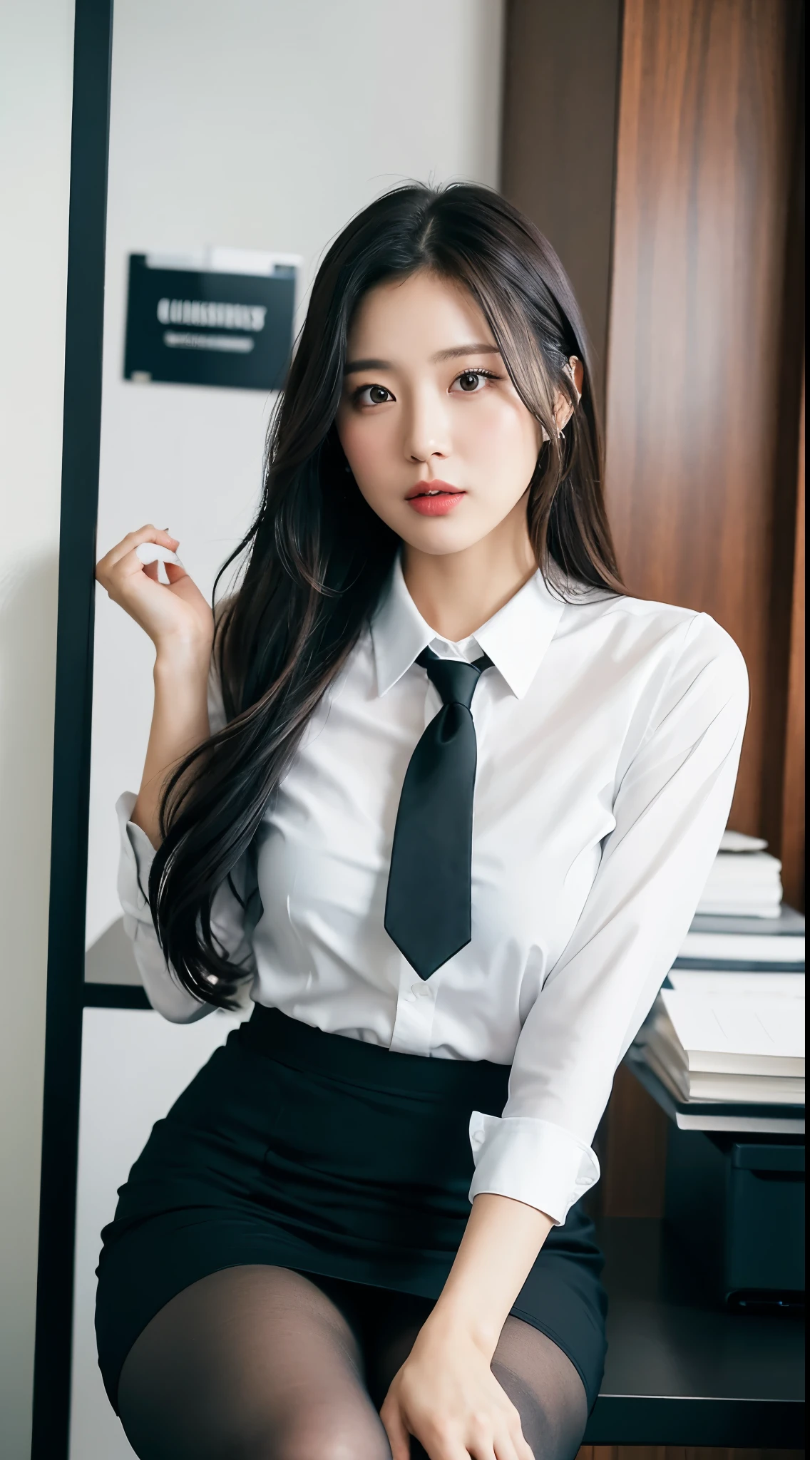An elegant, upper-class, elite secretary in a business shirt, Working in the office、厳格なbusiness suitを着用する, Wearing pantyhose、Wear high-quality high heels、 Girl in a shirt, business suitを着ている, business suitを着ている, business suitを着て, Businesswoman, Business attire, 黒のbusiness suitを着ている, Wear a shirt and skirt, business suitを着た女性, business suit, business attire, RAW Photos, (8k、highest quality、masterpiece:1.2)、(Intricate details:1.4)、(Photorealistic:1.4)、Octane Rendering、Complex 3D rendering with ultra-detail, Studio Soft Light, Rim Light, Vivid details, Super Detail, Realistic skin texture, Detailed aspect, Beautiful details in the eyes, Highly detailed CG Unity 16k wallpaper, compensate, (Detailed Background:1.2), Exposed thighs!!!,