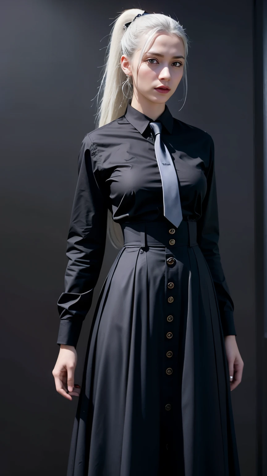 Meimei 2, 1 Female, ponytail, Black Shirt, tie, High Waist Skirt, button, Long skirt, Very beautiful face, Realistic, Detailed face, Sharp eyes, Narrow eyes