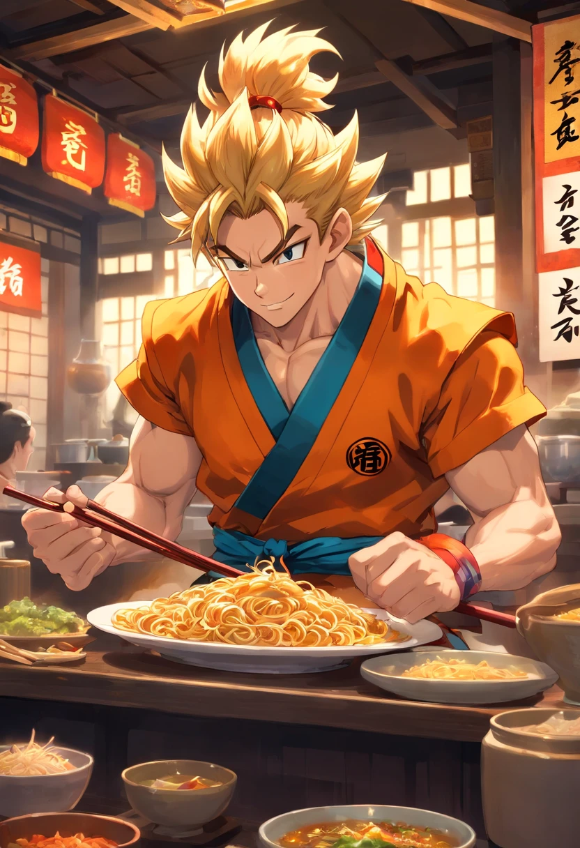 Dragon Ball Wukong,great ape, Full body portrait,real,The facial features are carefully drawn,Realistic skin texture,Dark Style,Depth of written boundary,highlight,Real Light,Ray Tracing,OC Rendering,Surreal,highest quality,8k,Masterpieces,Ultra-fine,More about pubic hair,Correct Anatomy,Sharp focus on the eyes,The facial features are carefully drawn. Wukong Disfrutando de Fideos Chinos en un Restaurante" explanation: Cozy restaurant with an oriental atmosphere, Wukong, Famous Saiyan Warriors, I'm in the kitchen, Surrounded by delicious aromas. Wearing the iconic martial arts uniform, Wukong is sitting on a high stool in front of a kitchen counter.. There is a bowl of steaming Chinese noodles in front of him., While skillfully holding chopsticks. With a smile of expectation, Wukong se dispone a saborear los fideos con entusiasmo. Fellow Z Warriors meet at a nearby table, Observe with interest the encounter with terrestrial cuisine. Behind him, Chefs at the restaurant, Wearing traditional uniform, They watch in admiration as the legendary fighter enjoys his meal.. The atmosphere is warm and friendly, despite the epic adventures that Wukong and his friends regularly face. Soft lighting enhances the scene, The colors of the ingredients and the interior decor shine with a comfortable light.. La imagen captura un momento inusual y relajado en la vida de Wukong, In the midst of an amazing feat、He shows his most human side as he enjoys a simple meal..