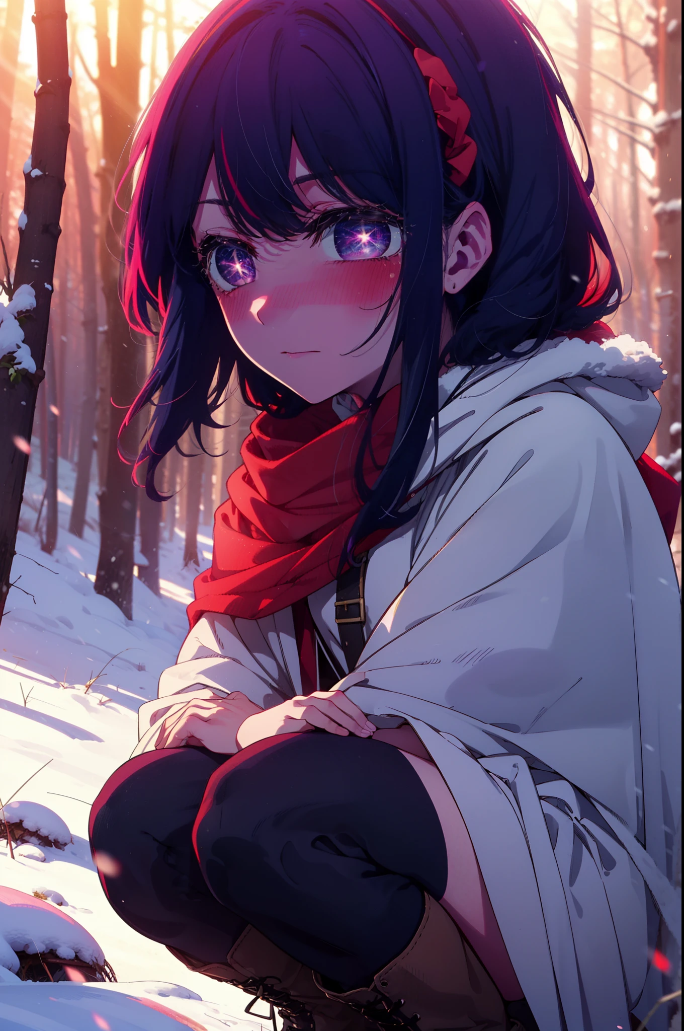 aihoshino, Ai Hoshino, Long Hair, bangs, (Purple eyes:1.1), Purple Hair, (Symbol-shaped pupil:1.5), smile,,smile,blush,White Breath,
Open your mouth,snow,Ground bonfire, Outdoor, boots, snowing, From the side, wood, suitcase, Cape, Blurred, , forest, White handbag, nature,  Squat, Mouth closed, Cape, winter, Written boundary depth, Black shoes, red Cape break looking at viewer, Upper Body, whole body, break Outdoor, forest, nature, break (masterpiece:1.2), highest quality, High resolution, unity 8k wallpaper, (shape:0.8), (Beautiful and beautiful eyes:1.6), Highly detailed face, Perfect lighting, Extremely detailed CG, (Perfect hands, Perfect Anatomy),