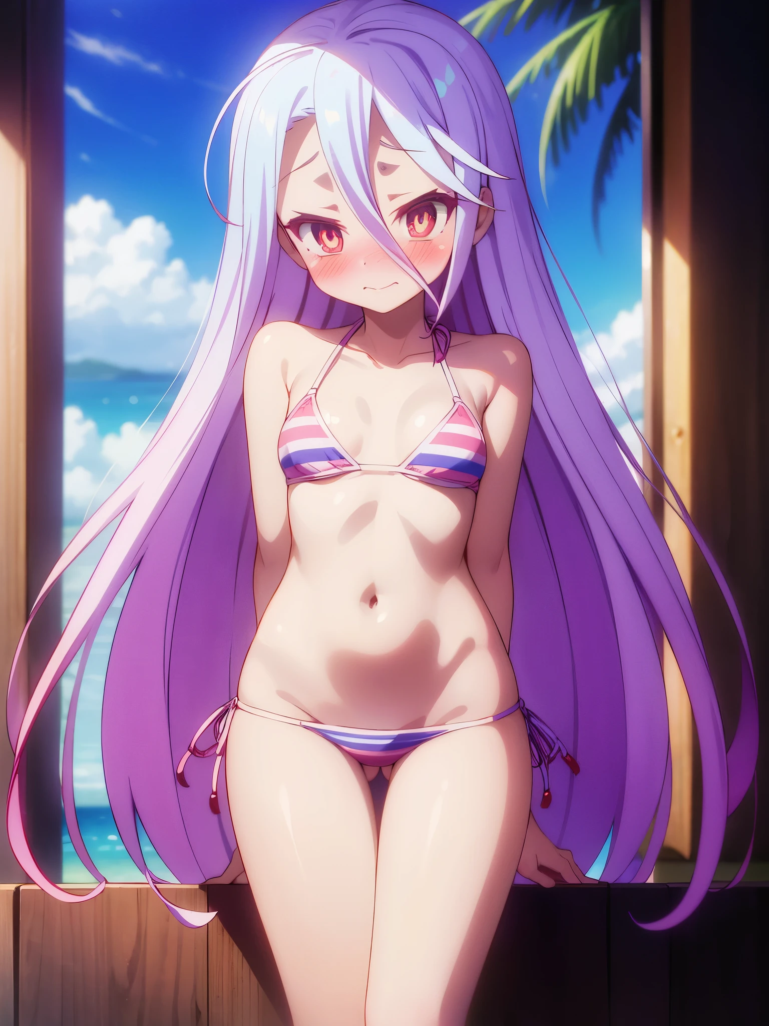 NSFW,One Girl、Long Hair、とてもLong Hair、Hair between the eyes、Red eyes、Bright pupils、Multicolored eyes、Multicolored Hair,Small breasts,(Sexy Bikini:1.5),(Perfect hands),(Perfect Anatomy),(masterpiece),(highest quality),(Embarrassed:1.5),blush,Feeling embarrassed,Sitting,Leg spread,Sandy Beach,Palm tree,Rock Shade,One man,Man standing behind