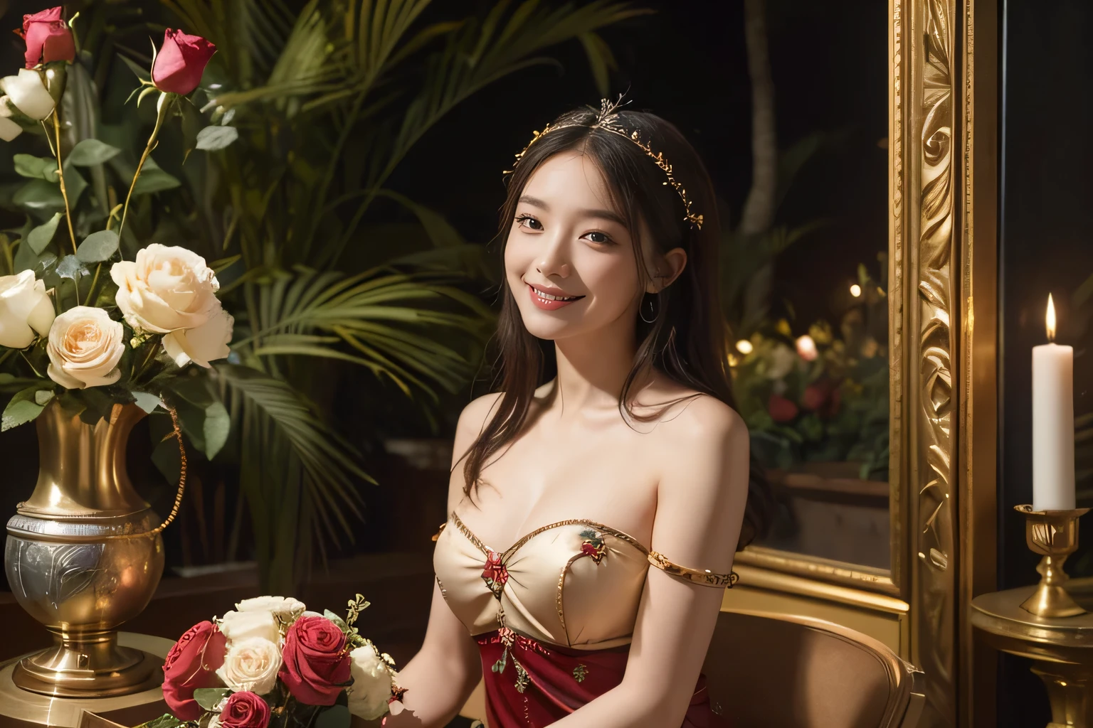 Giorgione painting style,Arguments of two female Philosophe,math、astronomical machine、astronaut、roses in vase、fruits、Cute trinkets、smile、ancient greek costume、Background is a forest lake at night 、Clothes that stretch your shoulders、A big smile、beautiful bare skin、A detailed representation of the seducing woman throughout her body.