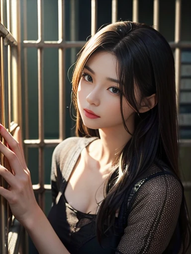 Unparalleled beauty,Beautiふul woman,ふrightened look,(prison),(prison),(In a cage),(Shyly hiding one's body)(Covering breasts with hands)、((Completely naked)),((Large Breasts、Beautiful nipples)),(Collar with chain), 35mm, 8k, Very detailed, Put your hands behind your back、Tabletop, Rough skin, high quality, 最high quality, hard disk