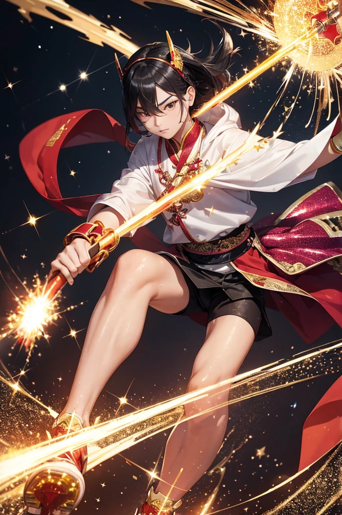 (masterpiece, best quality:1.1),
(ultra highres, ultra-detailed:1.2) ,handsome boy, ,((Burning Roller Blades)),Black hair,Silver headgear,Red Doshi,chinese clothes,has a shining hula hoop and a blazing spear,yellow loin,large mecha-arm,anger,red aura,divine,beautiful effects,Alluring,Background:chinese Wulingyuan,dynamic pose,(fullbody),(Glitter:1.5) ,(sparkle:1.5) ,