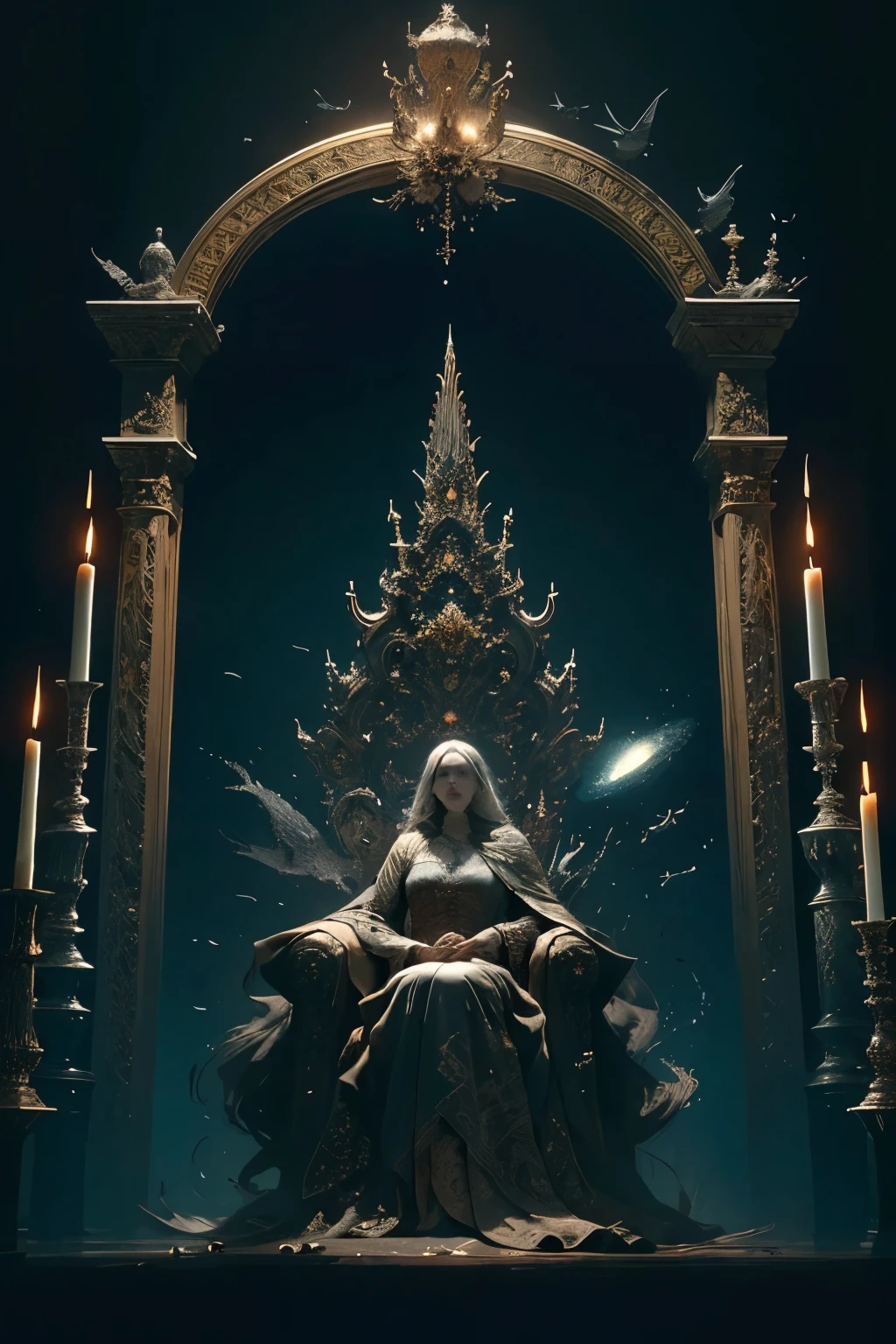 ((best quality)), ((masterpiece)), (detailed), an empty throne fit for a goddess, Bloodborne inspired, detailed and intricate steampunk and detailed gothic, Very dramatic and cinematic lighting, cosmic horror, grim dark
