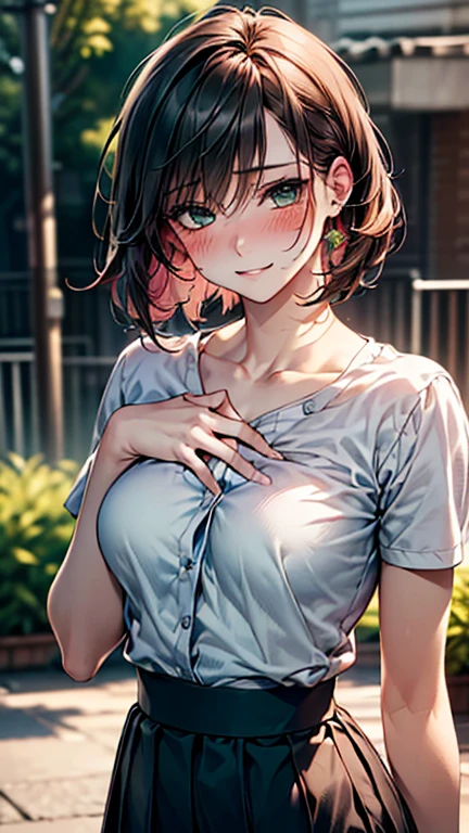 (Browsing Caution:1.2), (8k, RAW Photos, Best image quality, masterpiece: 1.4), (Highly detailed CG Unity 8k wallpaper, highest quality, High resolution: 1.2), (Ultra_Familiar, 超High resolution: 1.2), super highly Familiar, (Realistic, Realistic: 1.48), 1 girl, Focus Only, Side Lock, bangs, ((Dark green eyes:1.4, Round eyes, Beautiful eyelashes)), Clear Eyes,Medium breast,Shiny Hair, beautiful Familiar cold face,Captivating smile, Beautiful and delicate eyes with exquisite detail,Extremely accurate details,Skin dents,Outdoor,Perfect Face,Perfect body, Beautiful Eyes, Beautiful Face,(Portraiture:1.5),Beautiful clavicle,Upward glance,Very cute woman, ((The action of combing hair:1.3))、kitchen:1.3)
((Pastry chef costume:1.5, Chef&#39;s hat:1.4, choker:1.6)), 
((Grab the hem of your skirt with your right hand, Place your left hand on your chest,)), 
(Looking at the viewer with a blushing face:1.3)