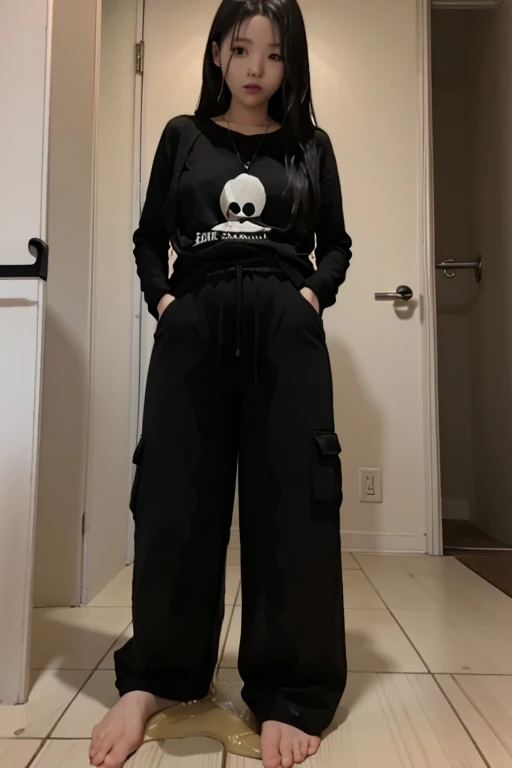 Japanese Girl sees the ghost and pees her black palazzo pants until her pants are wet in fright.