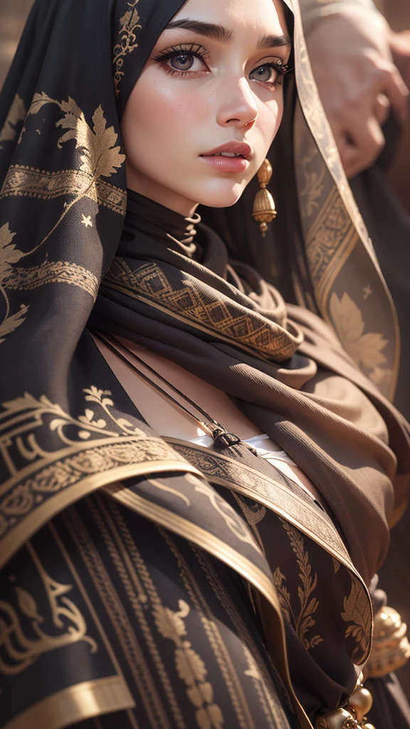 modelshoot style, (extremely detailed CG unity 8k wallpaper), full shot body photo of the most beautiful artwork in the world, (arabic princess:1.4), delicate silk clothes, arabian silk Hijab, magic, an arabic village with persian details in the background, hdr, photorealistic paint Sharp focus, dramatic, arabic girl, long higab, long dress, natural beauty, brown eyes