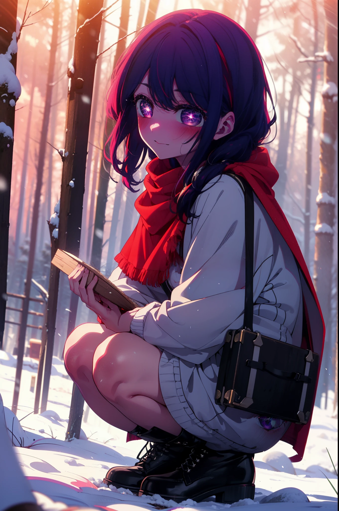 aihoshino, Ai Hoshino, Long Hair, bangs, (Purple eyes:1.1), Purple Hair, (Symbol-shaped pupil:1.5), smile,,smile,blush,White Breath,
Open your mouth,snow,Ground bonfire, Outdoor, boots, snowing, From the side, wood, suitcase, Cape, Blurred, , forest, White handbag, nature,  Squat, Mouth closed, Cape, winter, Written boundary depth, Black shoes, red Cape break looking at viewer, Upper Body, whole body, break Outdoor, forest, nature, break (masterpiece:1.2), highest quality, High resolution, unity 8k wallpaper, (shape:0.8), (Beautiful and beautiful eyes:1.6), Highly detailed face, Perfect lighting, Extremely detailed CG, (Perfect hands, Perfect Anatomy),