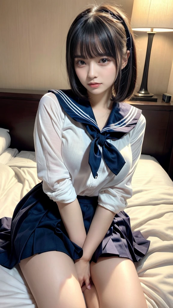 masterpiece, best quality, illustration, Super detailed, fine details, High resolution, 8K,wall paper, perfect dynamic composition,(Details High quality, realistic depiction of eyes:1.3), (Sailor Uniform, serafuku, Navy pleated skirt), large breasts,short bob hair, black hair color, Big Natural Color Lip, bold sexy pose, crying a little、cold gaze, Harajuku style、20 year old girl、cute type、lolita、beautiful legs, hotel room, hposing Gravure Idol, woman on top, straddling, sitting)