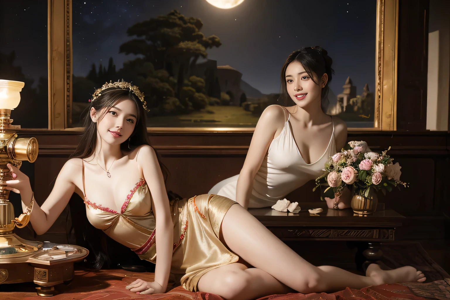 Giorgione painting style,Arguments of two female Philosophe,math、astronomical machine、astronaut、roses in vase、fruits、Cute trinkets、smile、ancient greek costume、Background is a forest lake at night 、Clothes that stretch your shoulders、A big smile、beautiful bare skin、A detailed representation of the seducing woman throughout her body.