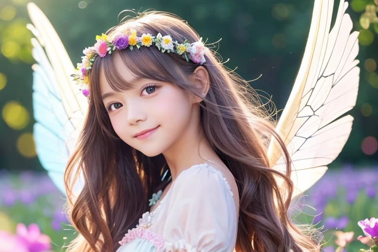 Flower Field,Use magic,heaven,Flower crown,Girl,10 years old,Fairy,花のFairy,Lolita,Smile,Short sleeve,race,Lens flare,magical energy,healing,Sparkly Background,noon,summer,Light of the sun,Light background,Light blue sky,cute,Princess,clear,happiness,Angel Wings,Fairyの羽,Silky shiny hair,Glossy Skin,Long Hair,Fairyland,Soft light,,dream,hope,Pop Art,pastel colour,Big Rainbow,Sparkling Eyes,fine,Non-Adult,High resolution,light peach-colored hair,Wavy Hair,Thin eyebrows,butterflyの羽,butterfly々
