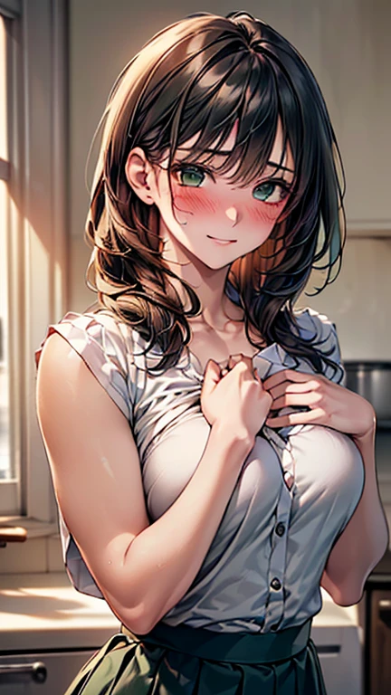 (Browsing Caution:1.2), (8k, RAW Photos, Best image quality, masterpiece: 1.4), (Highly detailed CG Unity 8k wallpaper, highest quality, High resolution: 1.2), (Ultra_Familiar, 超High resolution: 1.2), super highly Familiar, (Realistic, Realistic: 1.48), 1 girl, Focus Only, Side Lock, bangs, ((Dark green eyes:1.4, Round eyes, Beautiful eyelashes)), Clear Eyes,Medium breast,Shiny Hair, beautiful Familiar cold face,Captivating smile, Beautiful and delicate eyes with exquisite detail,Extremely accurate details,Skin dents,Outdoor,Perfect Face,Perfect body, Beautiful Eyes, Beautiful Face,(Portraiture:1.5),Beautiful clavicle,Upward glance,Very cute woman, ((The action of combing hair:1.3))、(kitchen:1.3)
((Pastry chef costume:1.5, Chef&#39;s hat:1.4, choker:1.6)), 
((Grab the hem of your skirt with your right hand, Place your left hand on your chest,)), 
(Looking at the viewer with a blushing face:1.3)