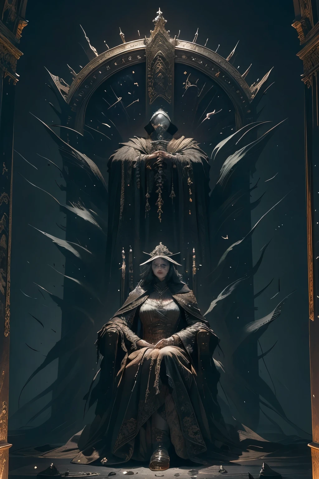 ((best quality)), ((masterpiece)), (detailed), an empty throne fit for a goddess, Bloodborne inspired, detailed and intricate steampunk and detailed gothic, Very dramatic and cinematic lighting, cosmic horror, grim dark