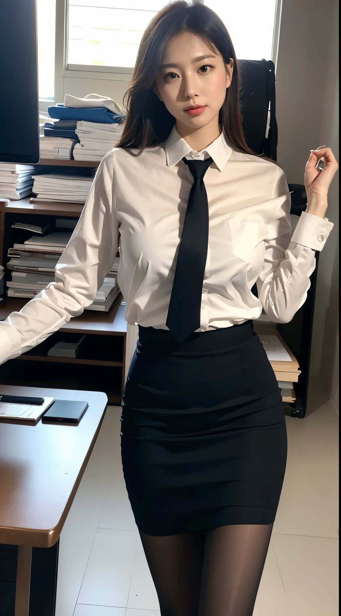 An elegant, upper-class, elite secretary in a business shirt, Working in the office、厳格なbusiness suitを着用する, Wearing pantyhose、Wear high-quality high heels、 Girl in a shirt, business suitを着ている, business suitを着ている, business suitを着て, Businesswoman, Business attire, 黒のbusiness suitを着ている, Wear a shirt and skirt, business suitを着た女性, business suit, business attire, RAW Photos, (8k、highest quality、masterpiece:1.2)、(Intricate details:1.4)、(Photorealistic:1.4)、Octane Rendering、Complex 3D rendering with ultra-detail, Studio Soft Light, Rim Light, Vivid details, Super Detail, Realistic skin texture, Detailed aspect, Beautiful details in the eyes, Highly detailed CG Unity 16k wallpaper, compensate, (Detailed Background:1.2), Exposed thighs!!!,