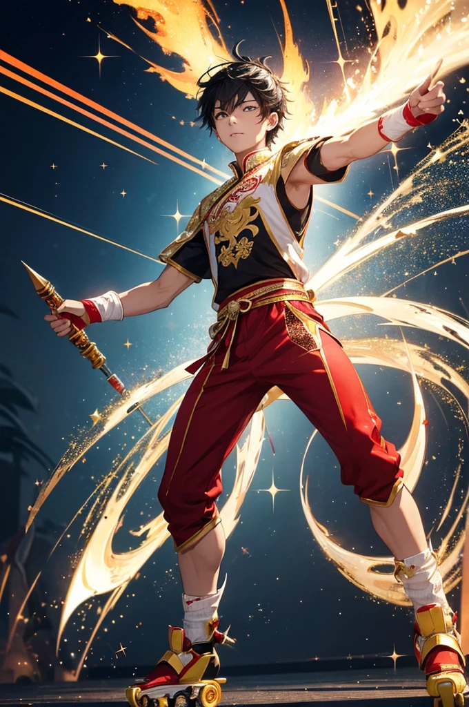 (masterpiece, best quality:1.1),
(ultra highres, ultra-detailed:1.2) ,handsome boy, ,((Burning Roller Blades)),Black hair,Silver headgear,Red Doshi,chinese clothes,has a shining hula hoop and a blazing spear,yellow loin,large mecha-arm,anger,red aura,divine,beautiful effects,Alluring,Background:chinese Wulingyuan,dynamic pose,(fullbody),(Glitter:1.5) ,(sparkle:1.5) ,