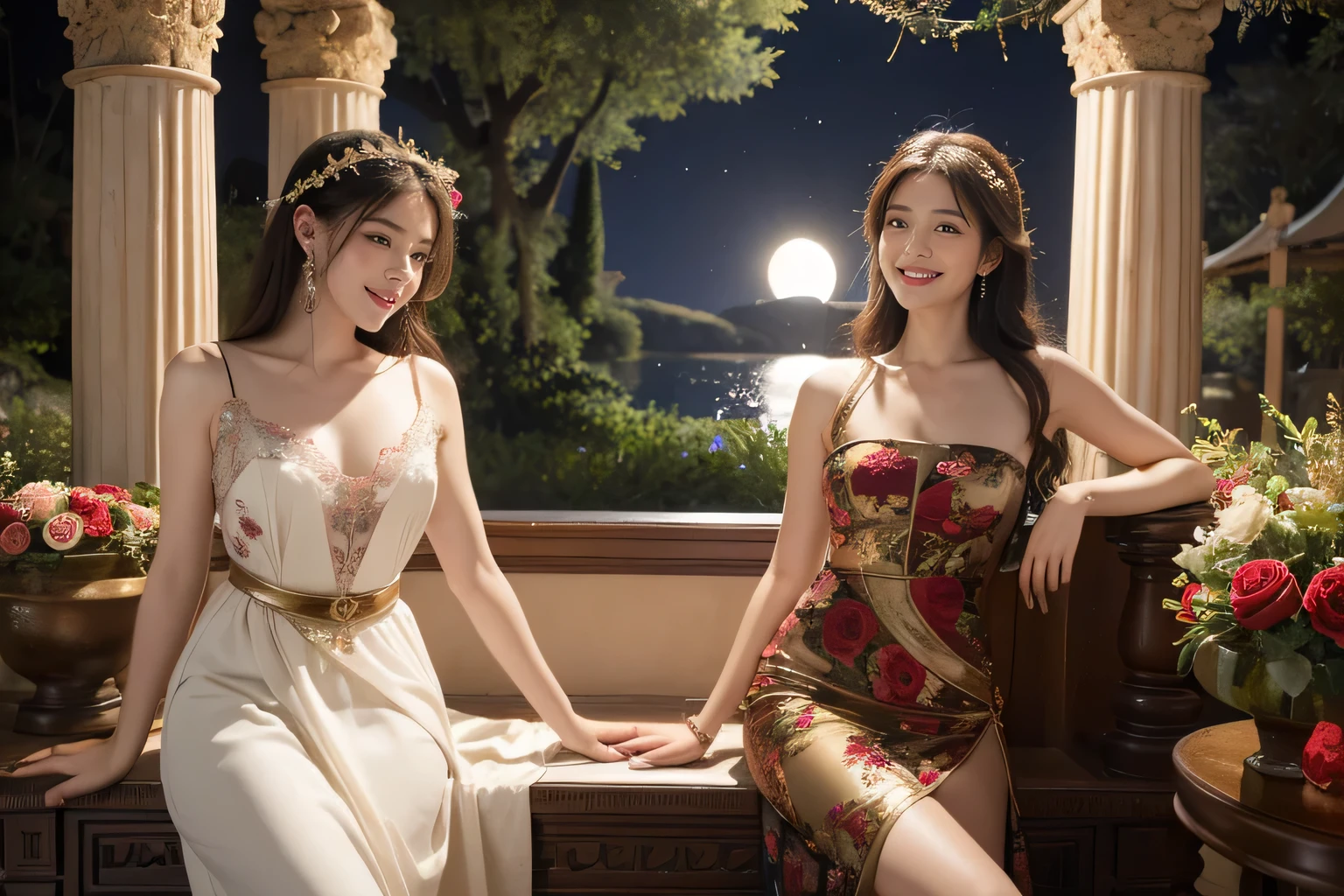 Giorgione painting style,Arguments of two female Philosophe,math、astronomical machine、astronaut、roses in vase、fruits、Cute trinkets、smile、ancient greek costume、Background is a forest lake at night 、Clothes that stretch your shoulders、A big smile、beautiful bare skin、A detailed representation of the seducing woman throughout her body.