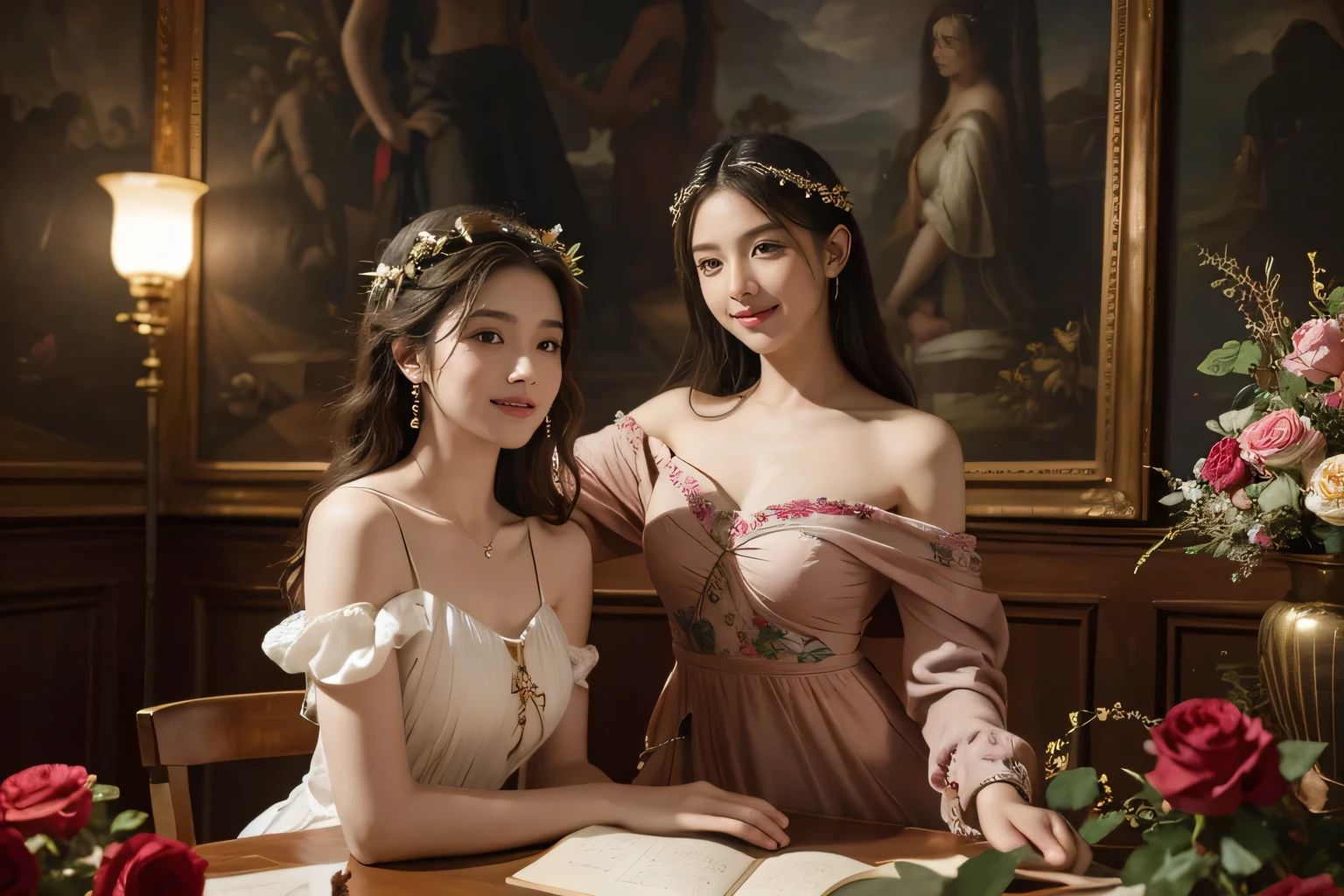 Giorgione painting style,Arguments of two female Philosophe,math、astronomical machine、astronaut、roses in vase、fruits、Cute trinkets、smile、ancient greek costume、Background is a forest lake at night 、Clothes that stretch your shoulders、A big smile、beautiful bare skin、A detailed representation of the seducing woman throughout her body.