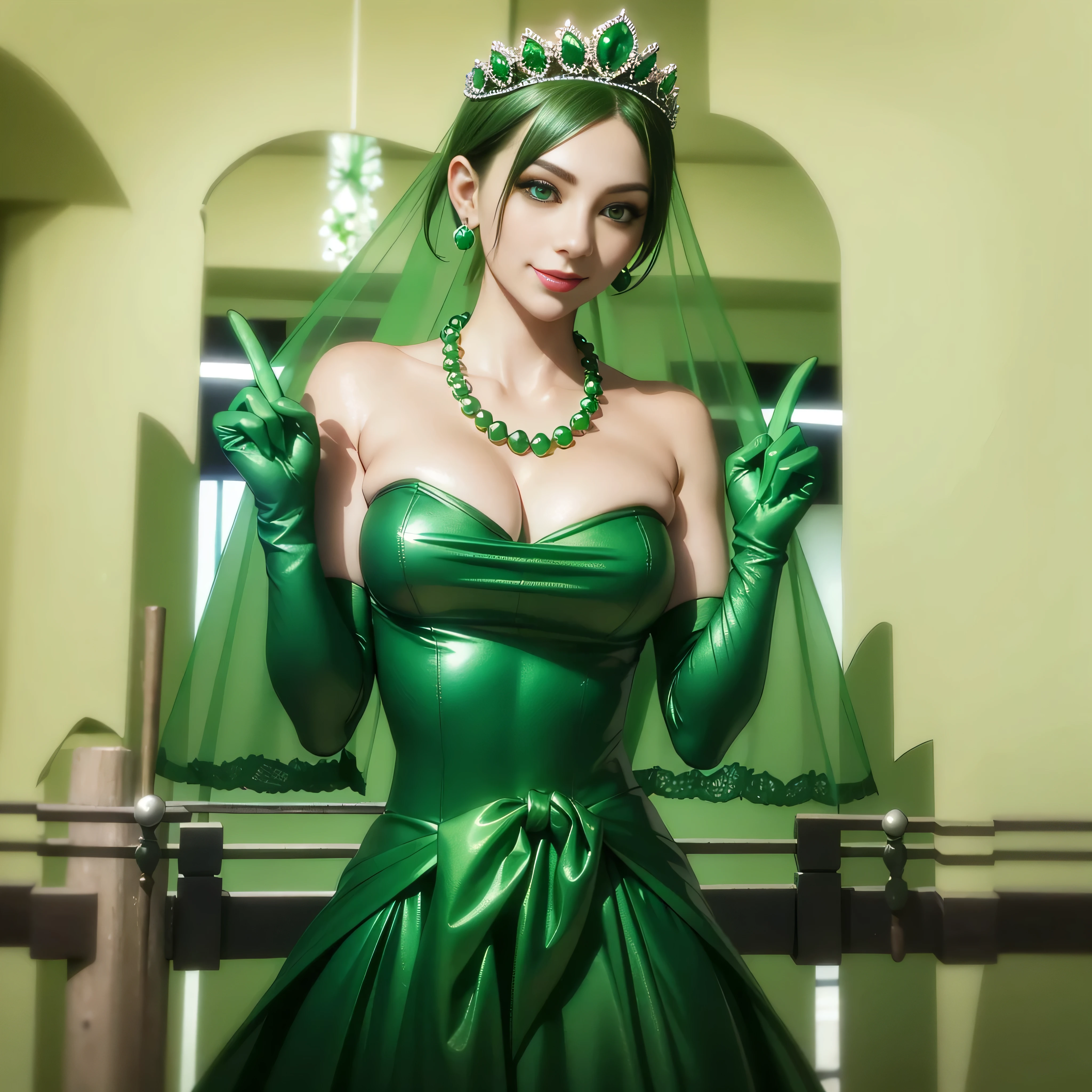 Emerald tiara, Green Pearl Necklace, Boyish very short green hair, lipstick, Smiling Japanese woman, Very short hair, Big and beautiful, Green Eyes, Long green satin gloves, Green Eyes, V sign, Emerald Earrings, Green veil,30-year-old female, Big Breasts
